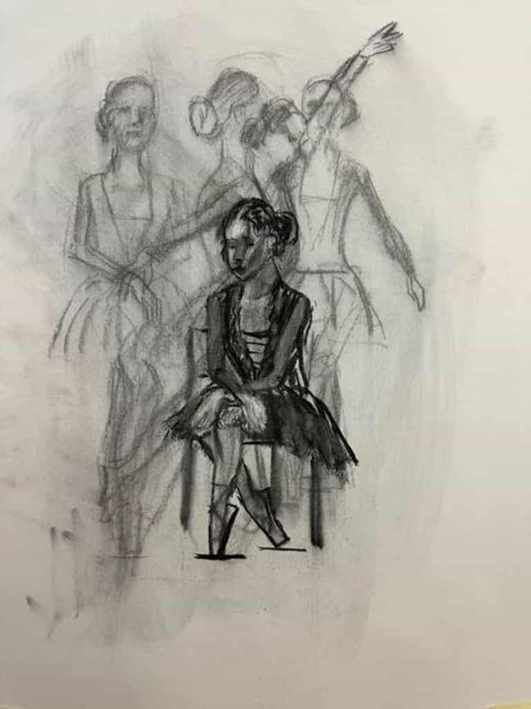 Figure drawing of a ballerina in charcoal by Jonathan Little