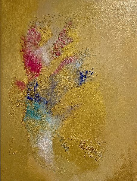 Pequeño Primavera I (Little Spring I) by Katrina Thompson. Acrylic and mixed media painting. inspired by the vibrant colours and rocky coastline of Mallorca and the energy of spring.  A gold and yellow background sets a warm tone, while bursts of bright hues reflect blooming life and the island’s natural beauty capturing the essence of spring on the island