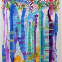 abstract blue and green tree trunks rainforest