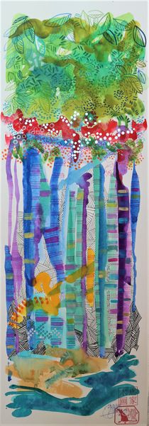 abstract blue and green tree trunks rainforest