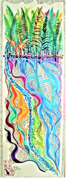 Amazon, river boats colourfyl abstract