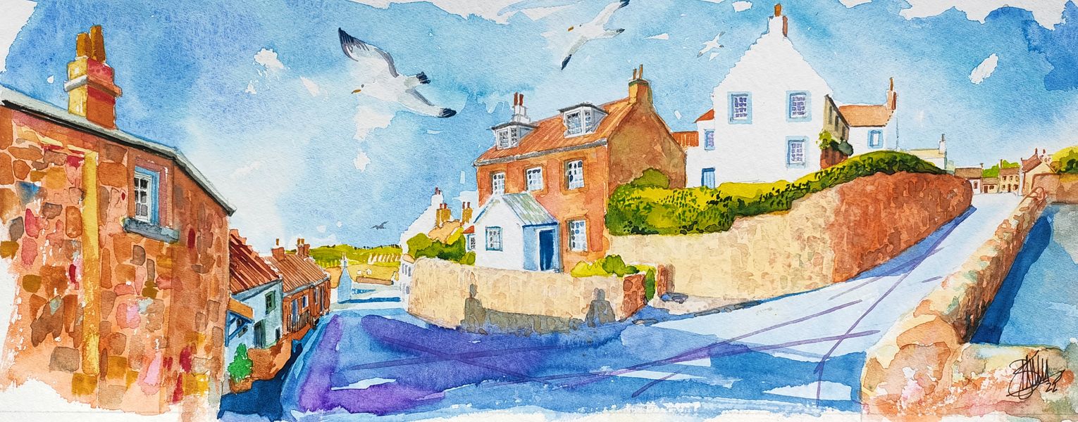 The old house on the steep road down to the harbour. Seagulls and shadows, Fife Scotland