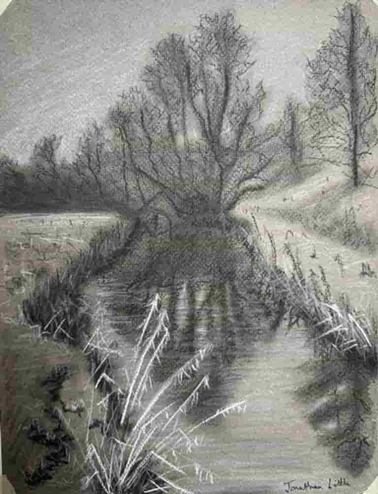 Flasby Beck drawing in charcoal by Jonathan Little