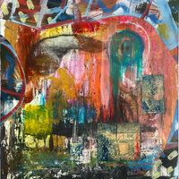 Transmogrification by Chris Filtness. Collage and mixed media on board. Abstract expressionist colour study.
