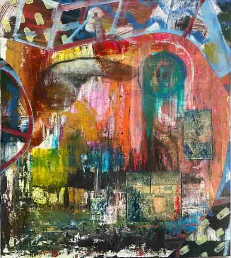 Transmogrification by Chris Filtness. Collage and mixed media on board. Abstract expressionist colour study.