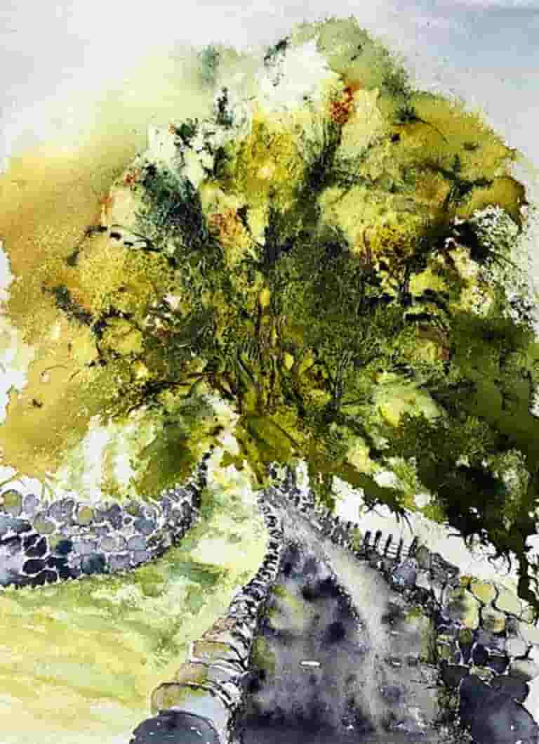 The rod not taken based upon Robert Frost's iconic poem. Painting by Bev Parker Cum-bye Arts 