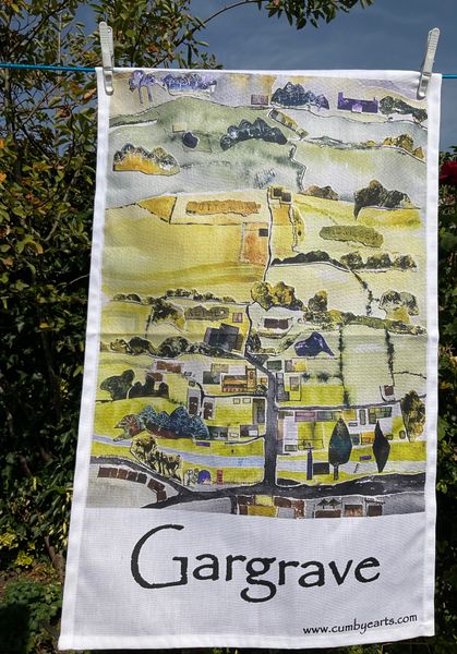 Tea towel celebrating Gargrave in the Yorkshire Dales by Bev Parker - Cum-bye Arts