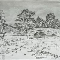 Newfield Bridge, River Aire, Malhamdale on the Pennine Way, pencil sketch by Jonathan Little