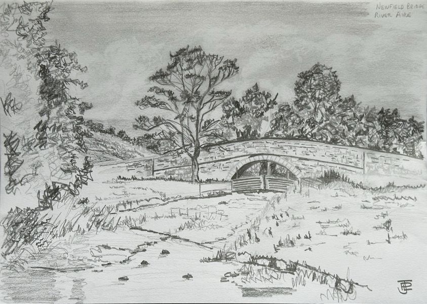 Newfield Bridge, River Aire, Malhamdale on the Pennine Way, pencil sketch by Jonathan Little
