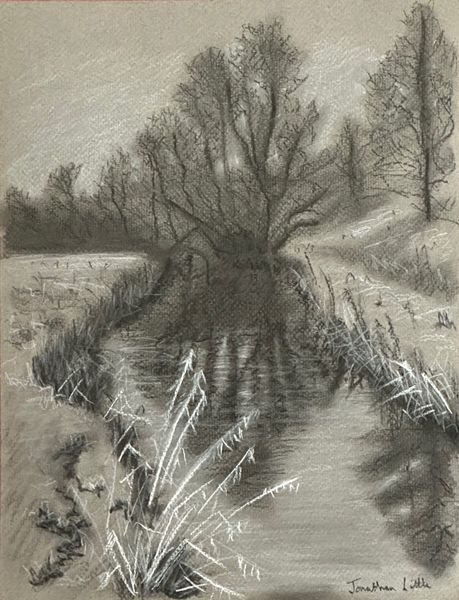 Flasby Beck study in charcoal by Jonathan Little
