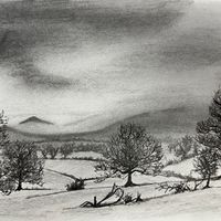 Dales landscape sketch in pencil and pen, mist coming over Cracoe Fell with winter trees and dry stone walls in foreground 
