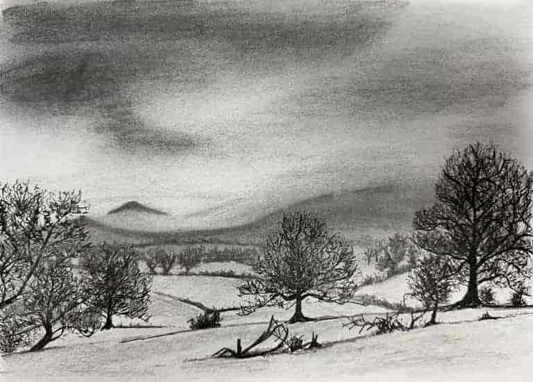 Dales landscape sketch in pencil and pen, mist coming over Cracoe Fell with winter trees and dry stone walls in foreground 