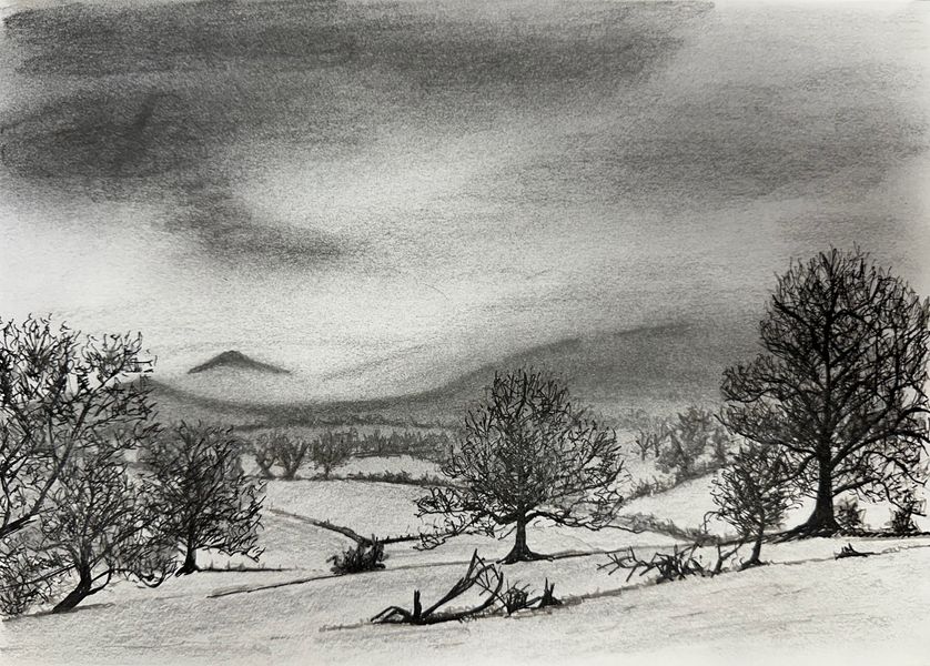 Dales landscape sketch in pencil and pen, mist coming over Cracoe Fell with winter trees and dry stone walls in foreground