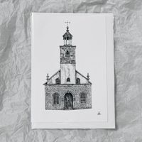 A graphite drawing of Tarleton, St Mary's Church by Katrina Thompson printed as a greetings card
