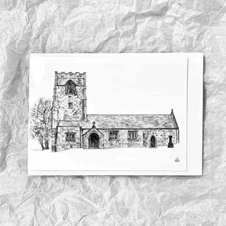 Graphite pencil drawing of St Mary's, Thornton in Craven by Katrina Thompson printed onto a greetings card