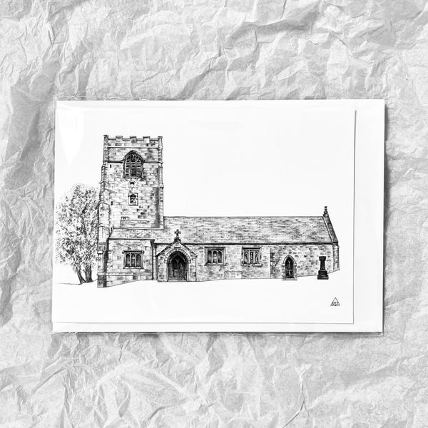 Graphite pencil drawing of St Mary's, Thornton in Craven by Katrina Thompson printed onto a greetings card