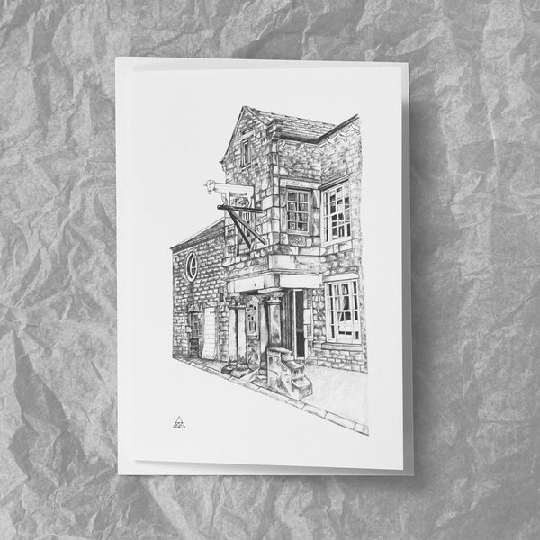 Graphite pencil drawing of the White Bull, Ribchester by Katrina Thompson, printed onto a greetings card