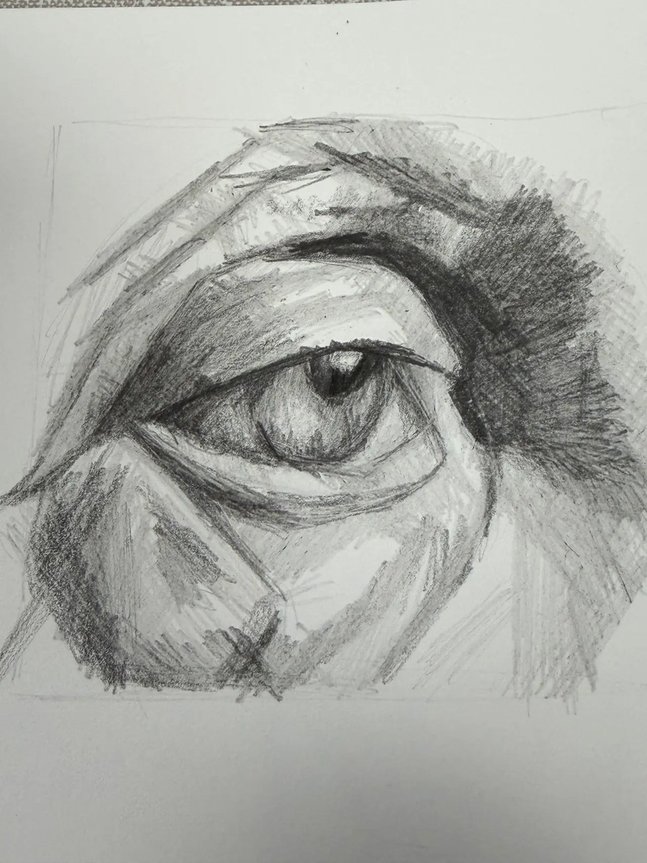 Graphite drawing studying the structure and anatomy of a model's eye, created as part of Jonathan Little's portrait drawing practice.