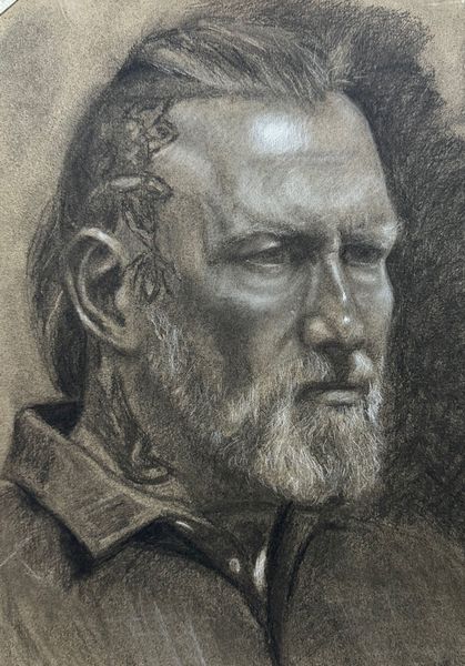 Craig @tattooed_nude portrait in charcoal