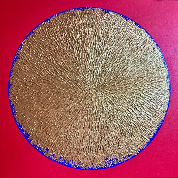 Warmed Earth by Katrina Thompson. A bold red background reflects rising global temperatures. Earth is painted gold to represent value. Touches of blue hint at disappearing coastlines and environmental damage. Reminding us how fragile the planet is—and how urgent it is to protect it