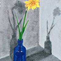 March Tete-a-Tete by Chris Filtness. Acrylic painting on handmade paper of a single stem miniature daffodil in a blue vase creating interesting shadows.