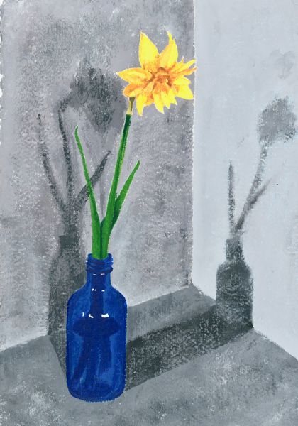 March Tete-a-Tete by Chris Filtness. Acrylic painting on handmade paper of a single stem miniature daffodil in a blue vase creating interesting shadows.