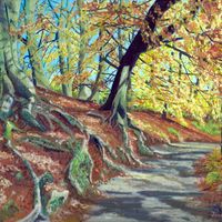 Oil painting 'Autumn Colours at Strid Woods' depicting colourful autumn woodland at Bolton Abbey in the Yorkshire Dales, by Jonathan Little