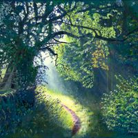 Early Morning Sun Through Trees by Jonathan Little. The oil painting captures the radiance of the early morning sunshine through the trees that illuminated everything in its path against the shadowy backdrop of the shaded trees.