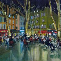 Alone in a crowd, night scene in Aix-En-Provence, France. Original oil painting by Jonathan Little