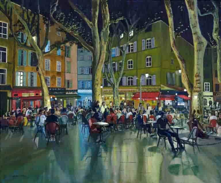 Alone in a crowd, night scene in Aix-En-Provence, France. Original oil painting by Jonathan Little