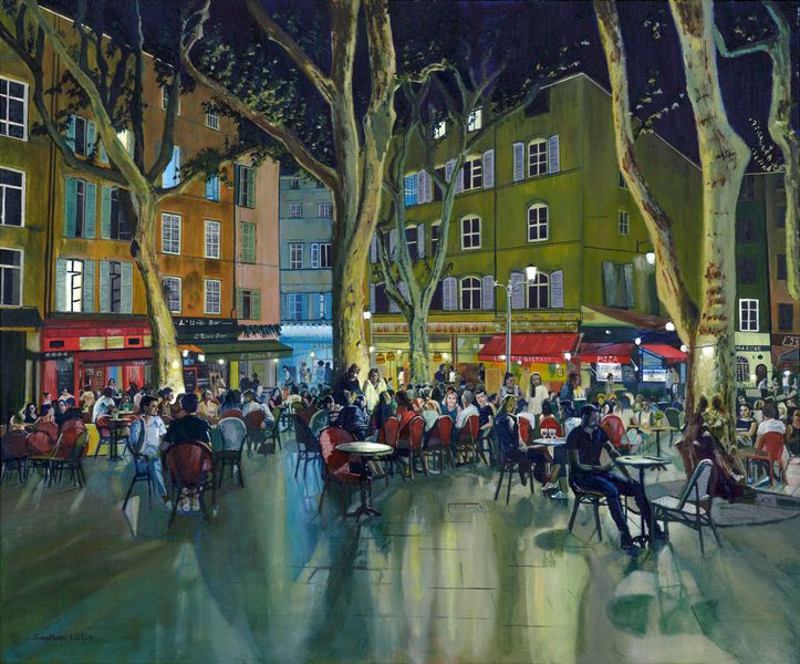 Alone in a crowd, night scene in Aix-En-Provence, France. Original oil painting by Jonathan Little