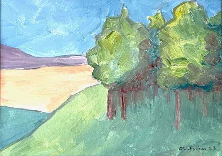Landscape by Chris Filtness. A fast and loose rendering of the local landscape using a very limited palette of acrylic paint on paper backed canvas. 