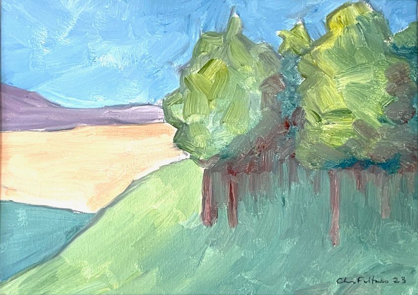 Landscape by Chris Filtness. A fast and loose rendering of the local landscape using a very limited palette of acrylic paint on paper backed canvas. 