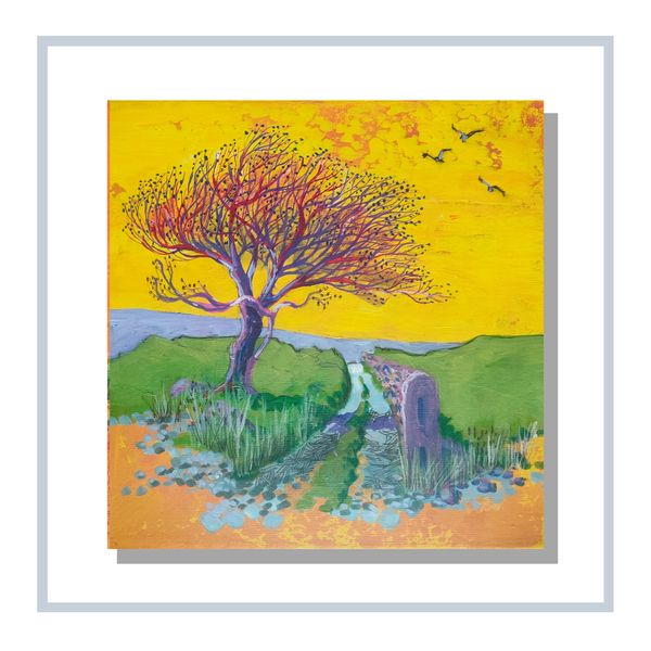 Canvas painting mounted in a deep set square frame