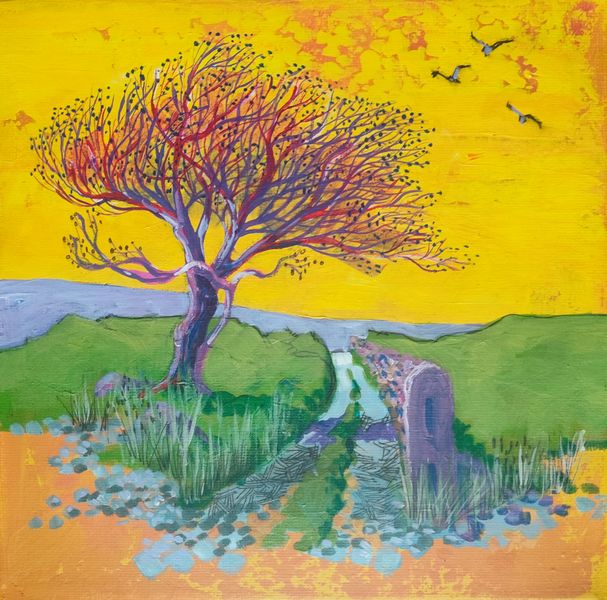 Yellow sky landscape with autumn tree and wall