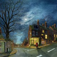 An original painting by Matthew Eyles showing a moonlit Leeds street scene