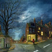 An original painting by Matthew Eyles showing a moonlit Leeds street scene