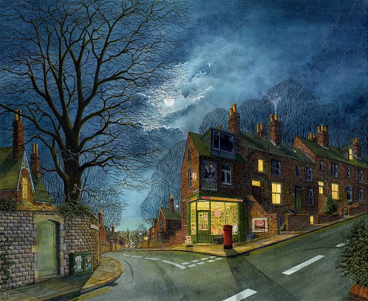 An original painting by Matthew Eyles showing a moonlit Leeds street scene