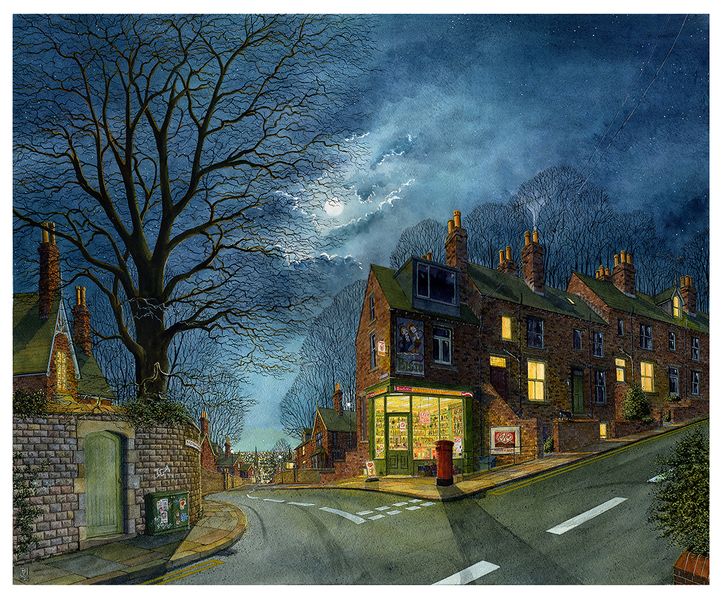 An original painting by Matthew Eyles showing a moonlit nighttime scene in Leeds