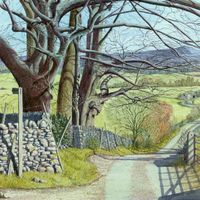 Winter's End on Hills Lane original painting by Matthew Eyles showing a country lane running beneath winter trees