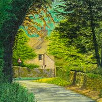 Into The Light an original painting by Matthew Eyles showing a country lane winding through summer trees
