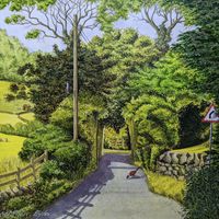 A Summer Evening on Stangs Lane - original landscape painting by Matthew Eyles showing a view down a country lane running between trees and hedges and including a pheasant in the foreground