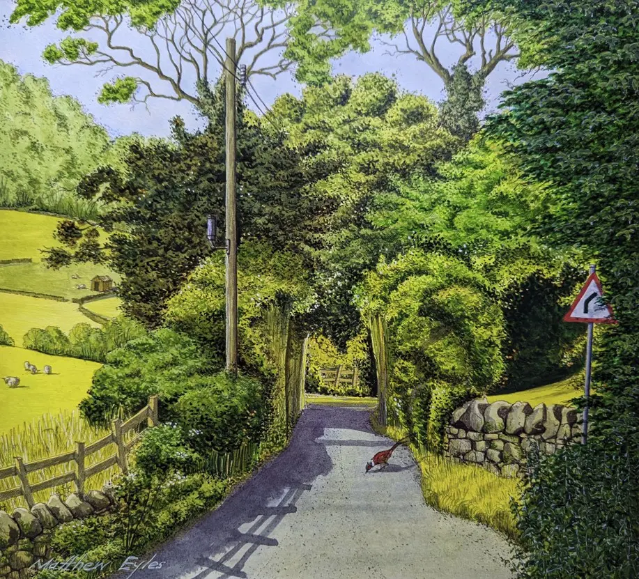 A Summer Evening on Stangs Lane - original landscape painting by Matthew Eyles showing a view down a country lane running between trees and hedges and including a pheasant in the foreground