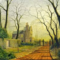 Leaving Milner Field an original painting my Matthew Eyles showing a gothic lodge in the autumn twilight