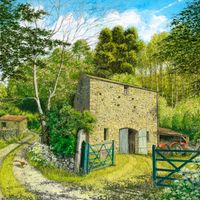 The Tall Barn and the Red Tractor an original painting by Matthew Eyles showing a Yorkshire barn and a red tractor with woods behind