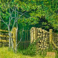 Into the Woods an original painting by Matthew Eyles showing a gate leading into the woods