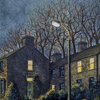 Streetlight original painting by Matthew Eyles showing a nighttime scene in a town, lit by a streetlight