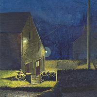 Grange Farm - a Nocturne - original landscape painting by Matthew Eyles showing a farmyard at night, 