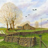 An original painting. Barns and a lane in the landscape