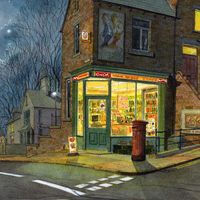 An original painting my Matthew Eyles showing a Leeds Corner Shop at night